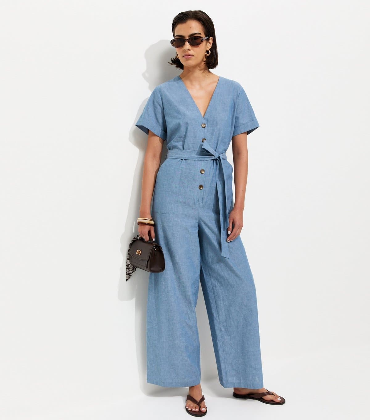 New Look Women's Light Blue Chambray Cotton Utility Jumpsuit New Look