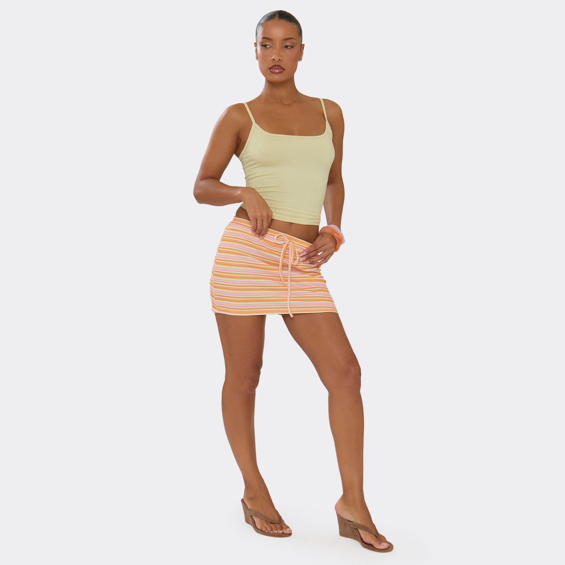 EGO Tie Waist Mini Skirt In Multi Stripe, Women's Size UK 6