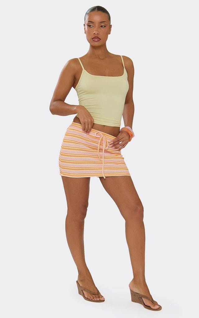 EGO Tie Waist Mini Skirt In Multi Stripe, Women's Size UK 6 - 2