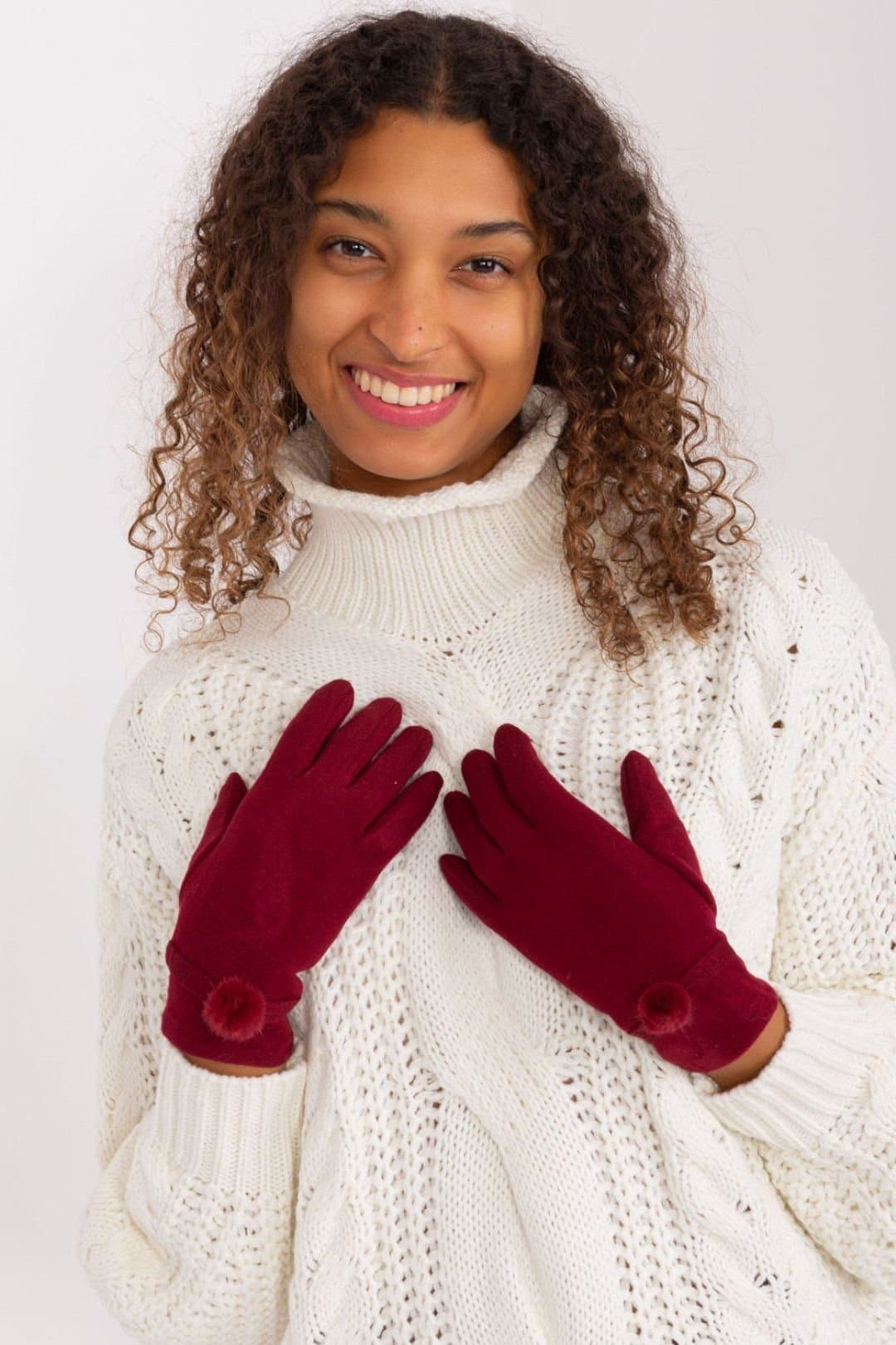 Love Lace Love Lace Women's Elegant knitted touchscreen gloves with pom pom wrists in Red