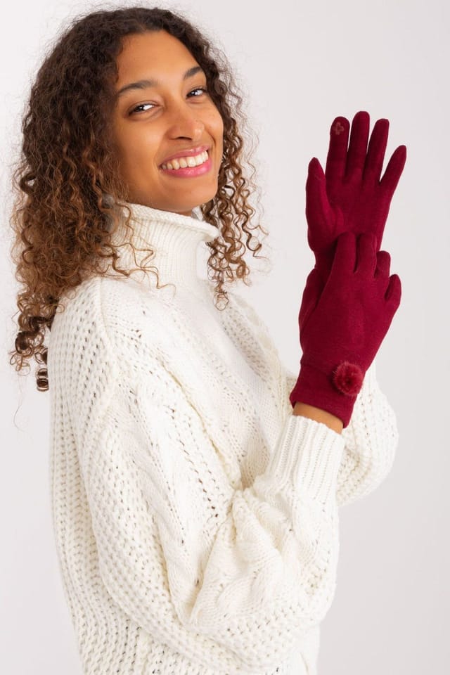 Love Lace Love Lace Women's Elegant knitted touchscreen gloves with pom pom wrists in Red - 2