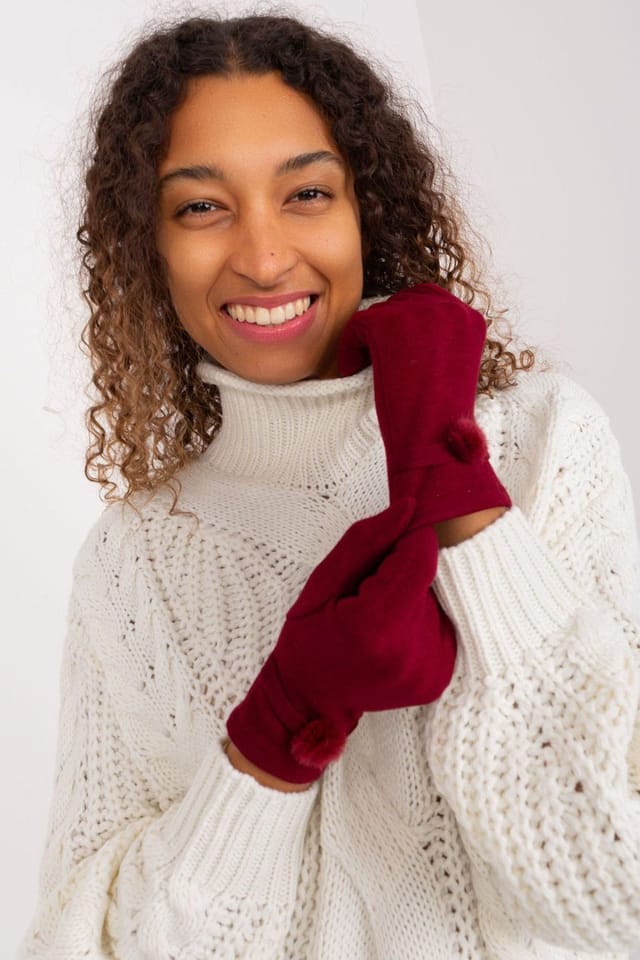 Love Lace Love Lace Women's Elegant knitted touchscreen gloves with pom pom wrists in Red - 3