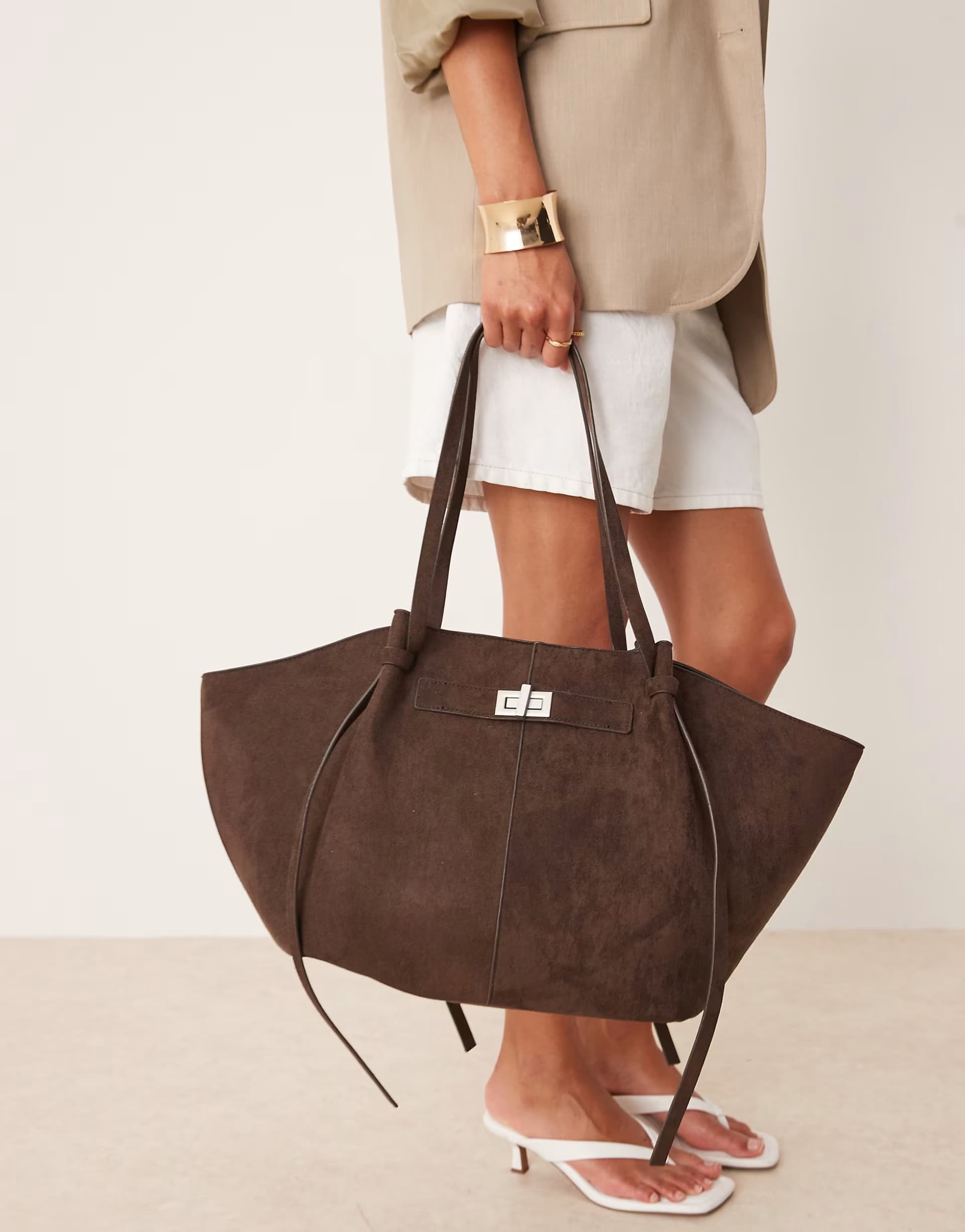 ASOS Gina Tricot faux suede medium tote bag with strap and clutch detail in dark brown