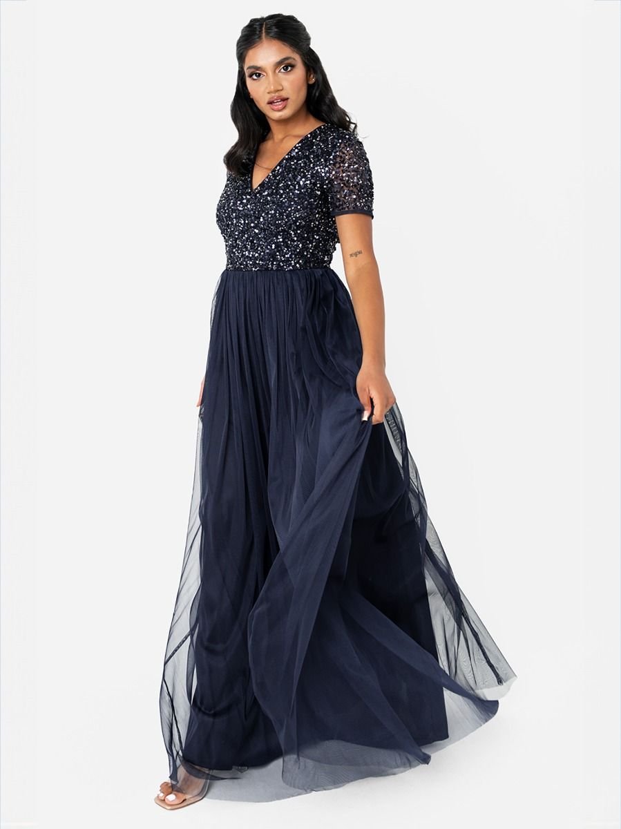 Maya Deluxe Maya Deluxe Women's Short Sleeve V Neck Embellished Maxi Dress in Dark Navy - 2