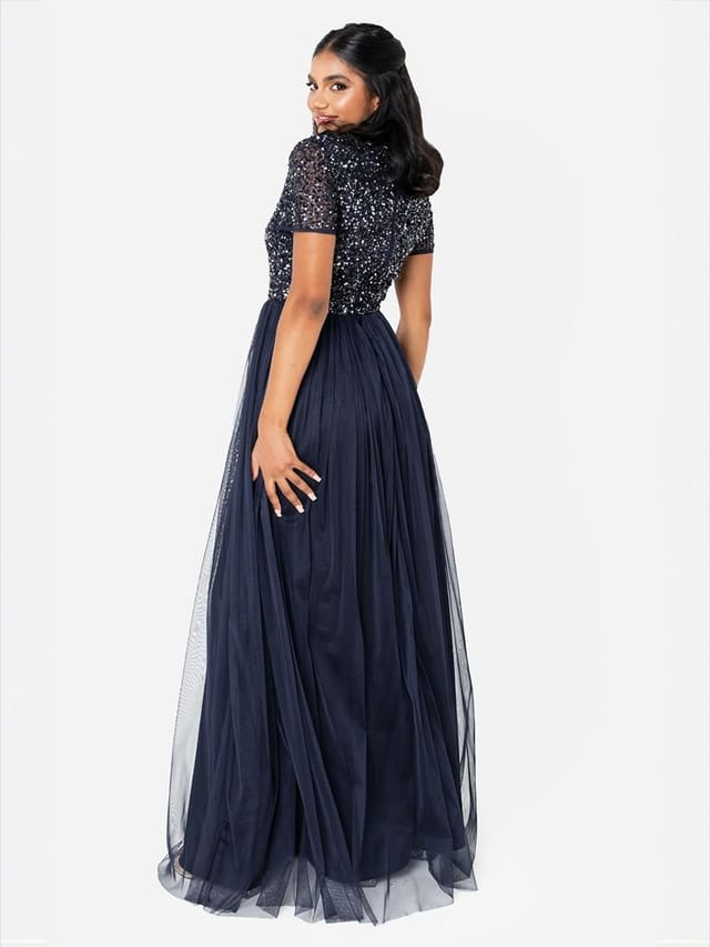 Maya Deluxe Maya Deluxe Women's Short Sleeve V Neck Embellished Maxi Dress in Dark Navy - 2