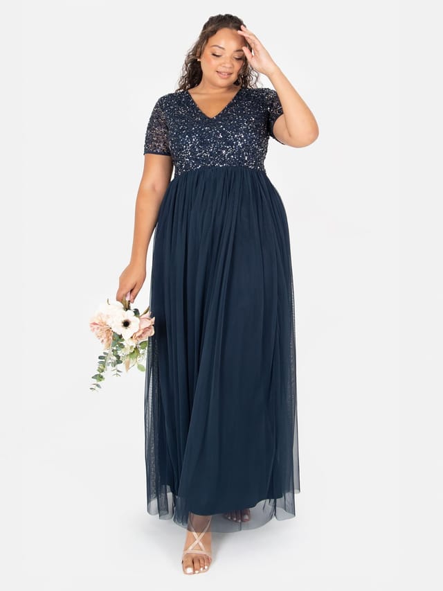 Maya Deluxe Maya Deluxe Women's Short Sleeve V Neck Embellished Maxi Dress in Dark Navy - 3