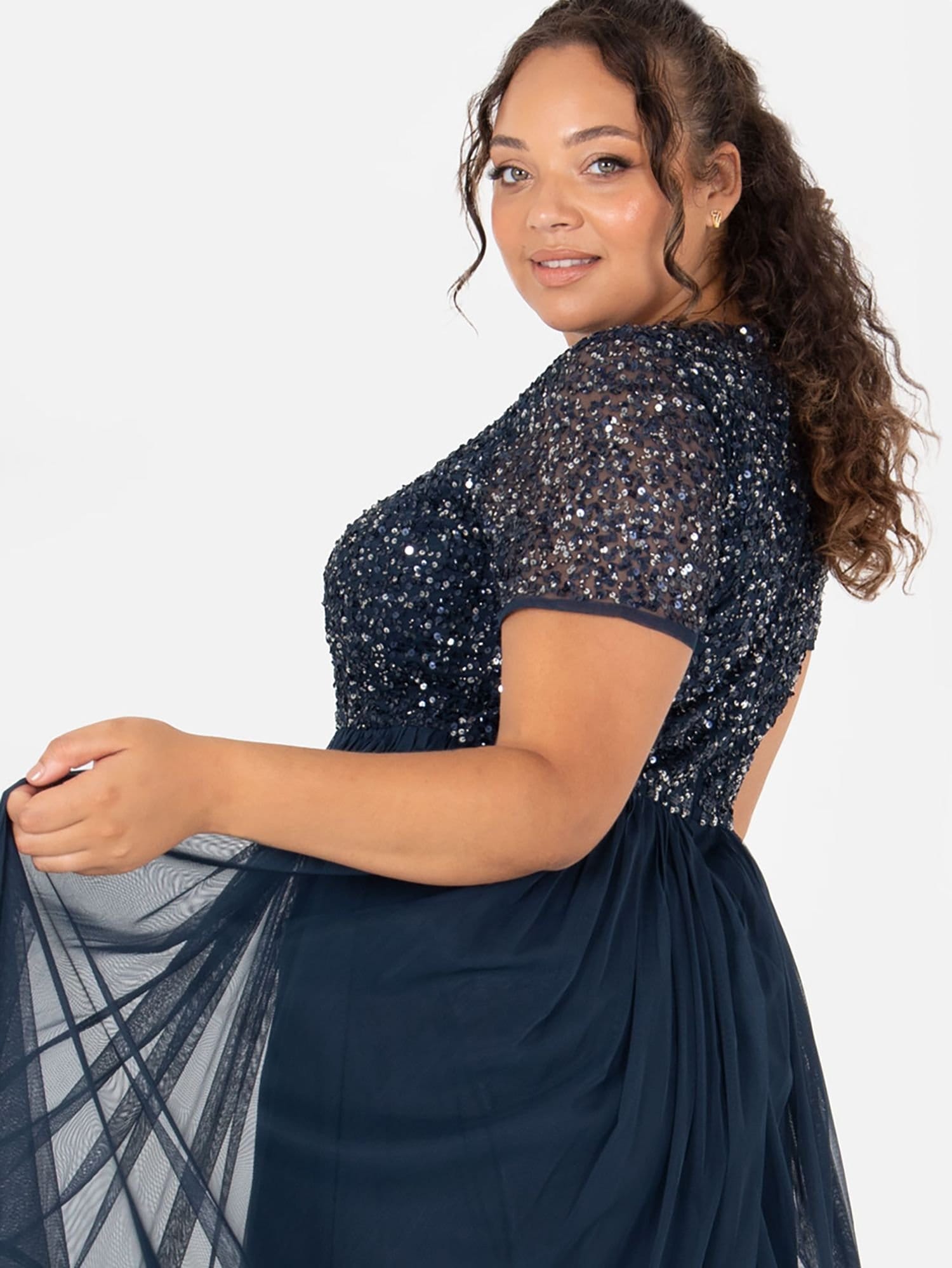 Maya Deluxe Maya Deluxe Women's Short Sleeve V Neck Embellished Maxi Dress in Dark Navy - 4