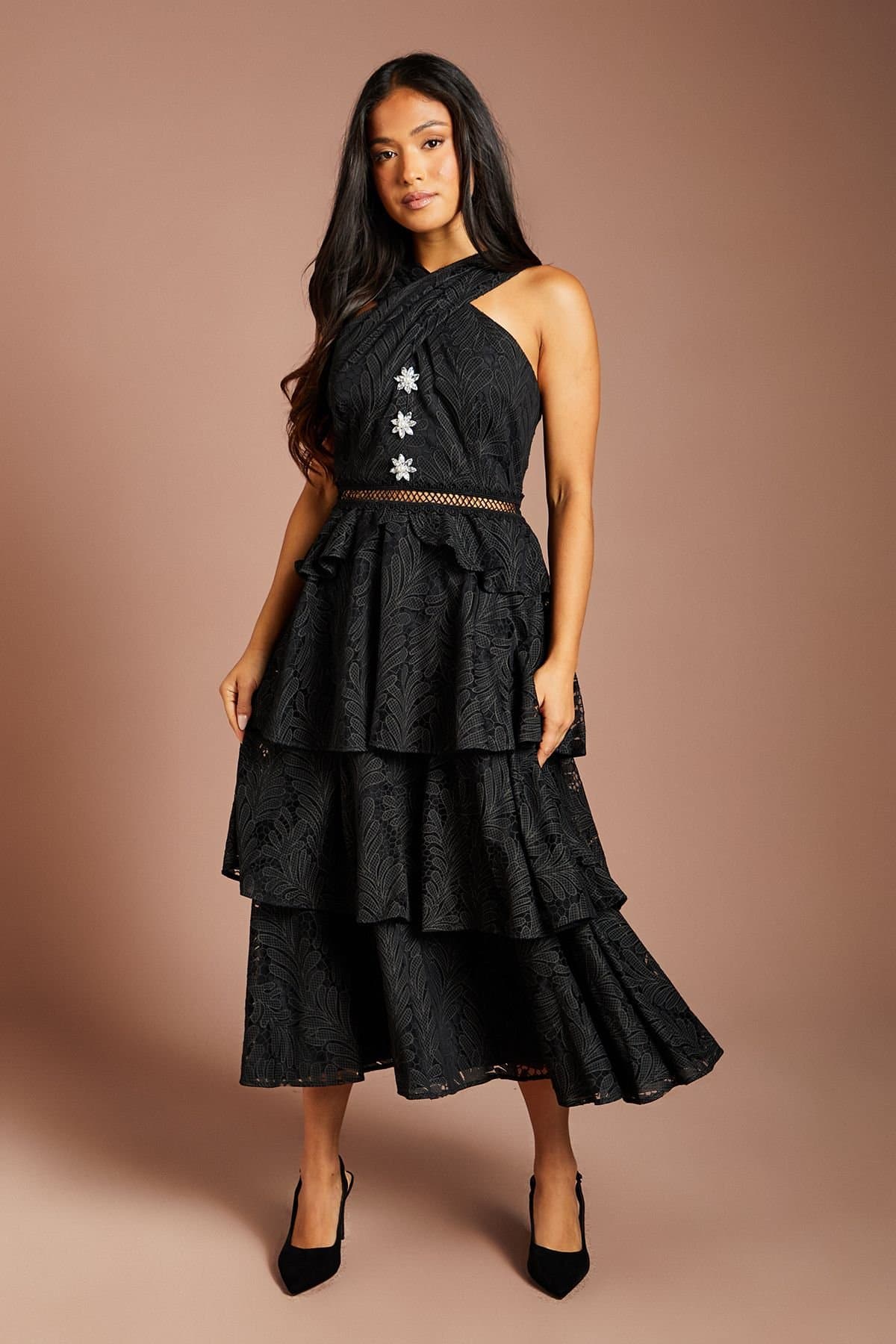 Coast Coast Women's Petite Tiered Lace Cross Halter Neck Button Detail Midi Dress in Black