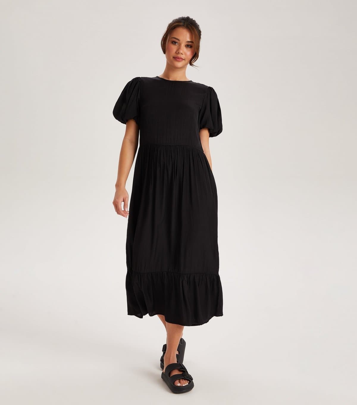 Urban Bliss Women's Black Puff Sleeve Tiered Skirt Midi Dress Urban Bliss New Look