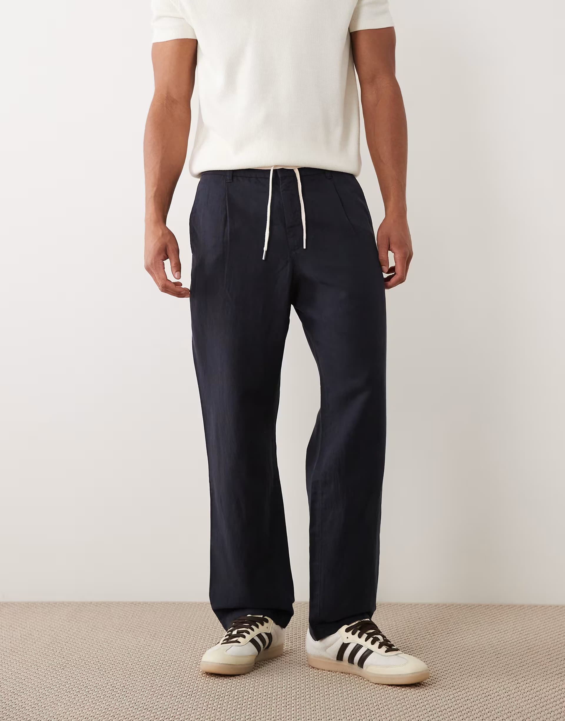 ASOS Mango linen blend straight leg draw string trousers in navy