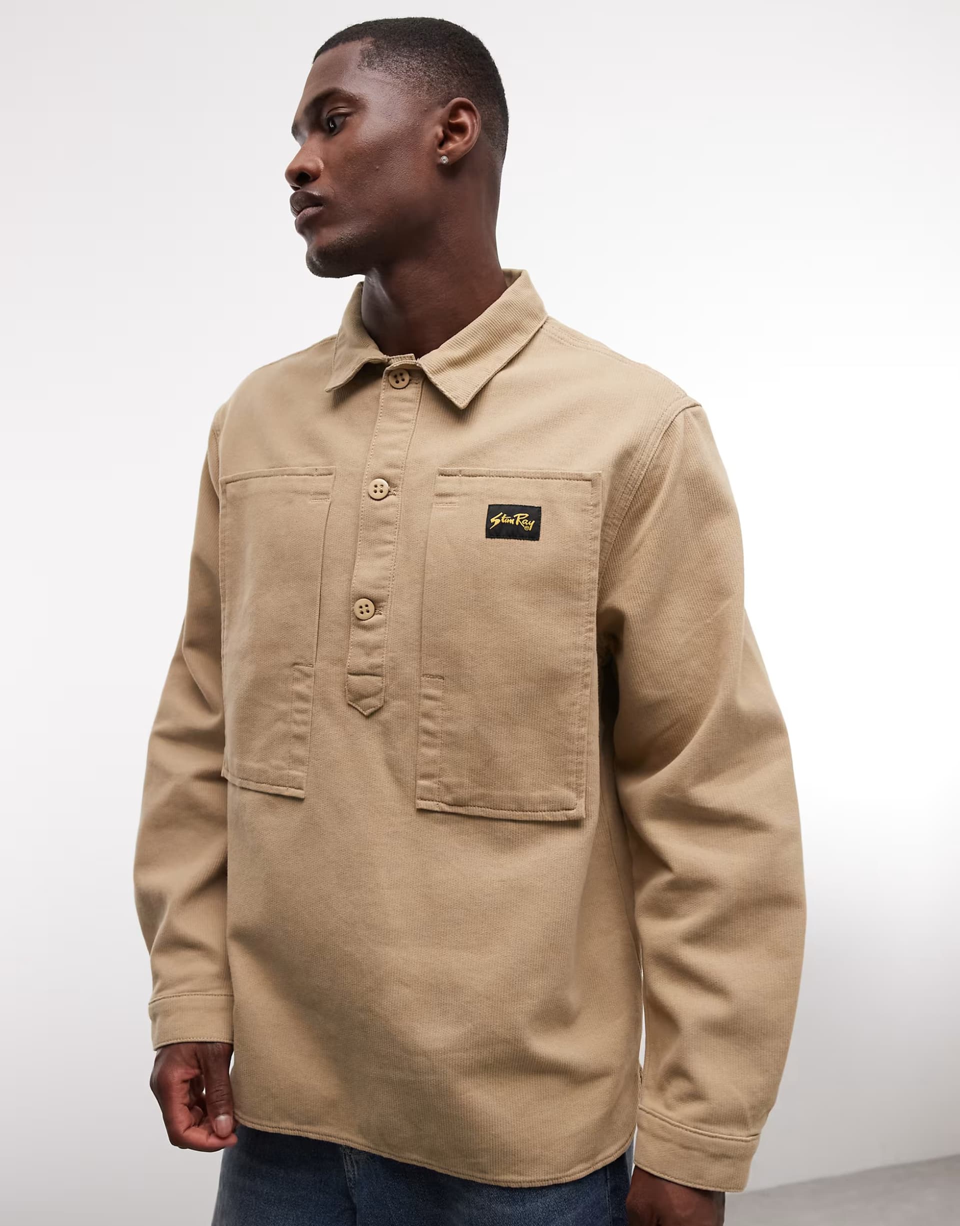 ASOS Stan Ray long sleeve utility cord half button up shirt in beige