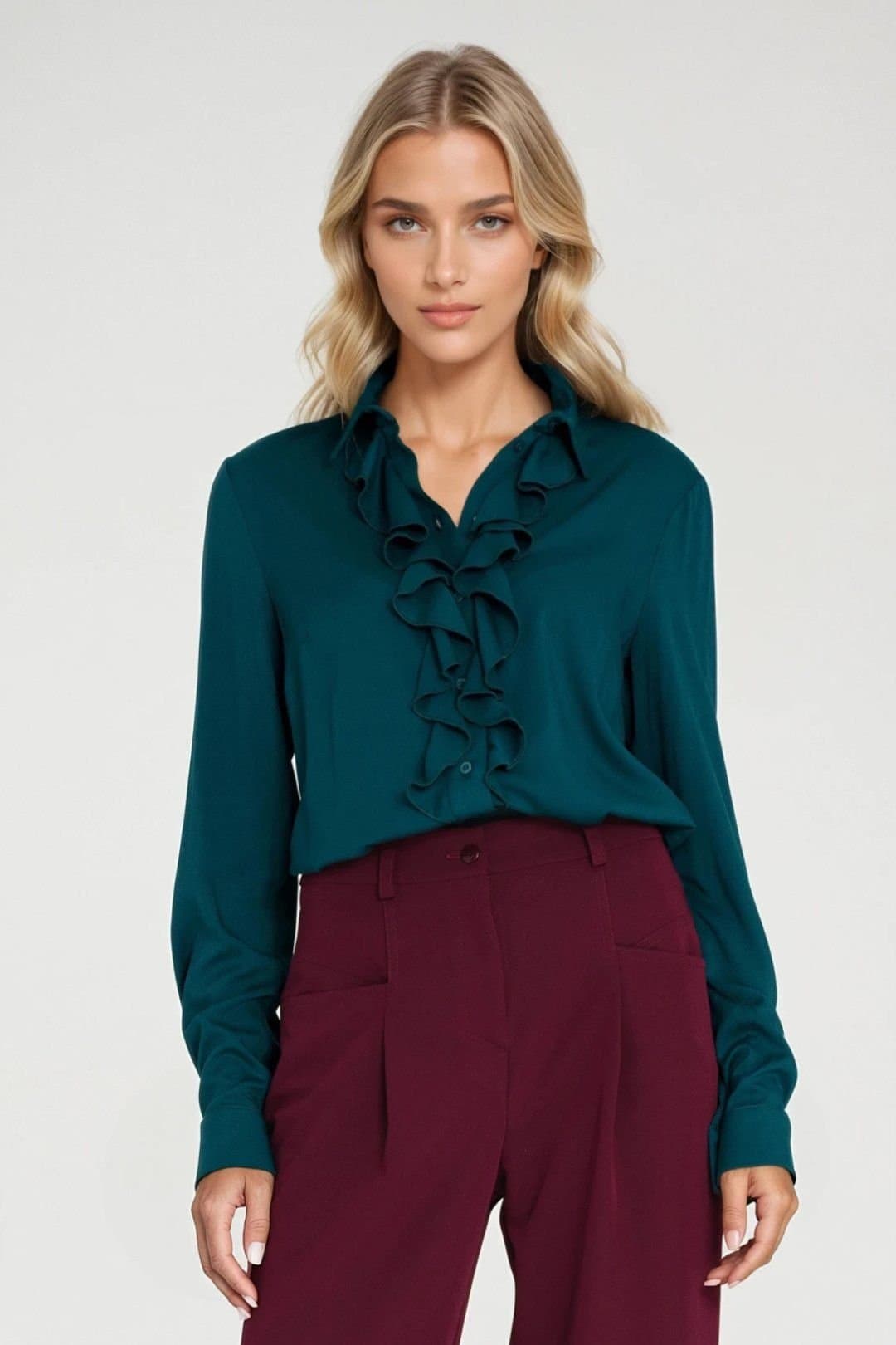 Love Lace Love Lace Green Fitted Jabot Long Sleeve Button Shirt