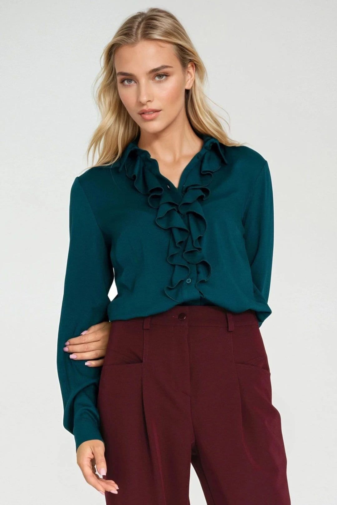 Love Lace Love Lace Women's Fitted Jabot Long Sleeve Button Shirt in Green - 4
