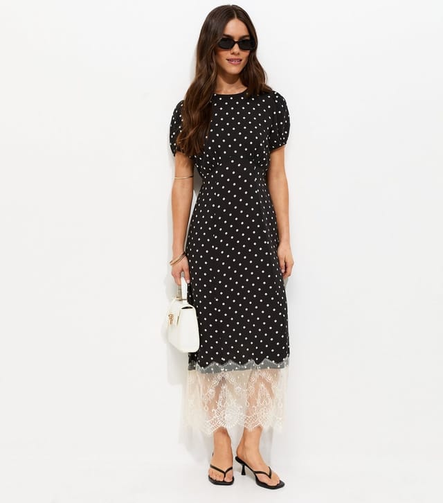 New Look Women's Petite Black Spot Print Lace Hem Midi Dress New Look - 3