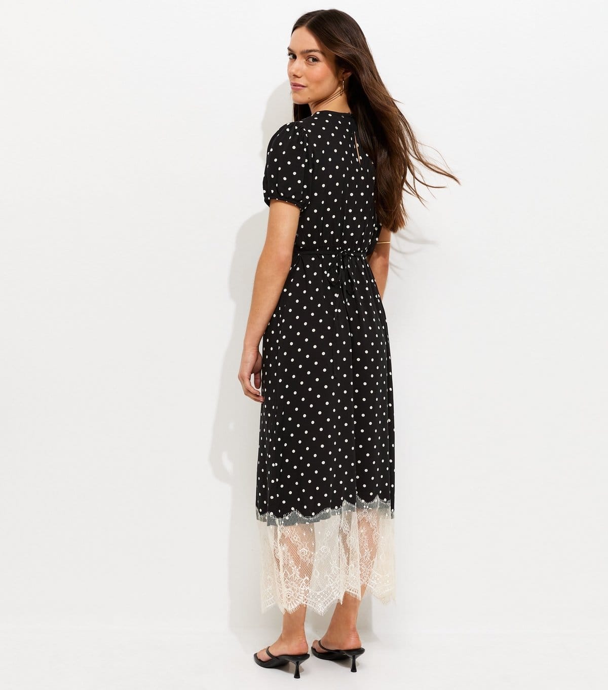 New Look Women's Petite Black Spot Print Lace Hem Midi Dress New Look - 4