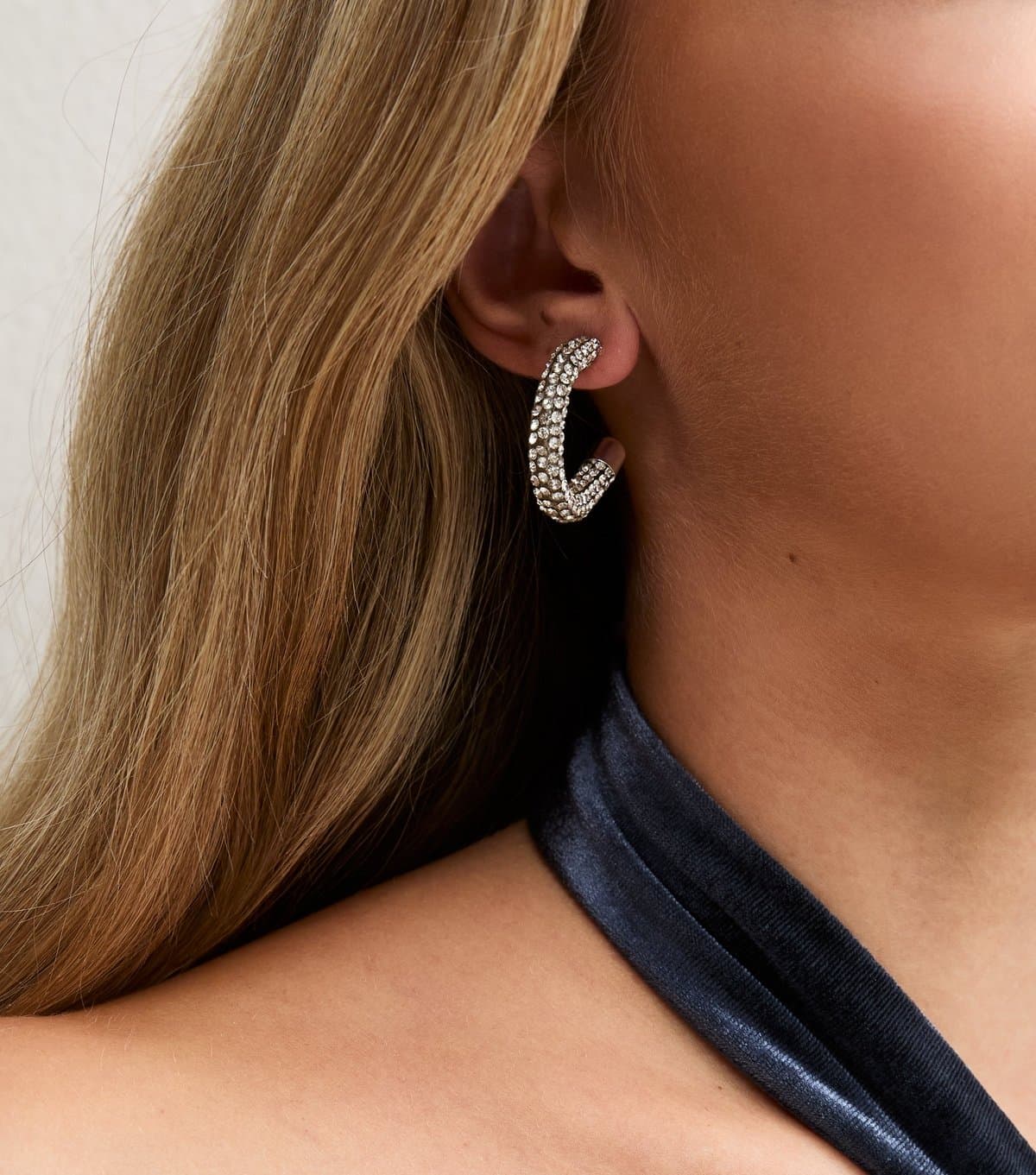New Look Silver-Tone Diamante Tube Hoop Earrings New Look