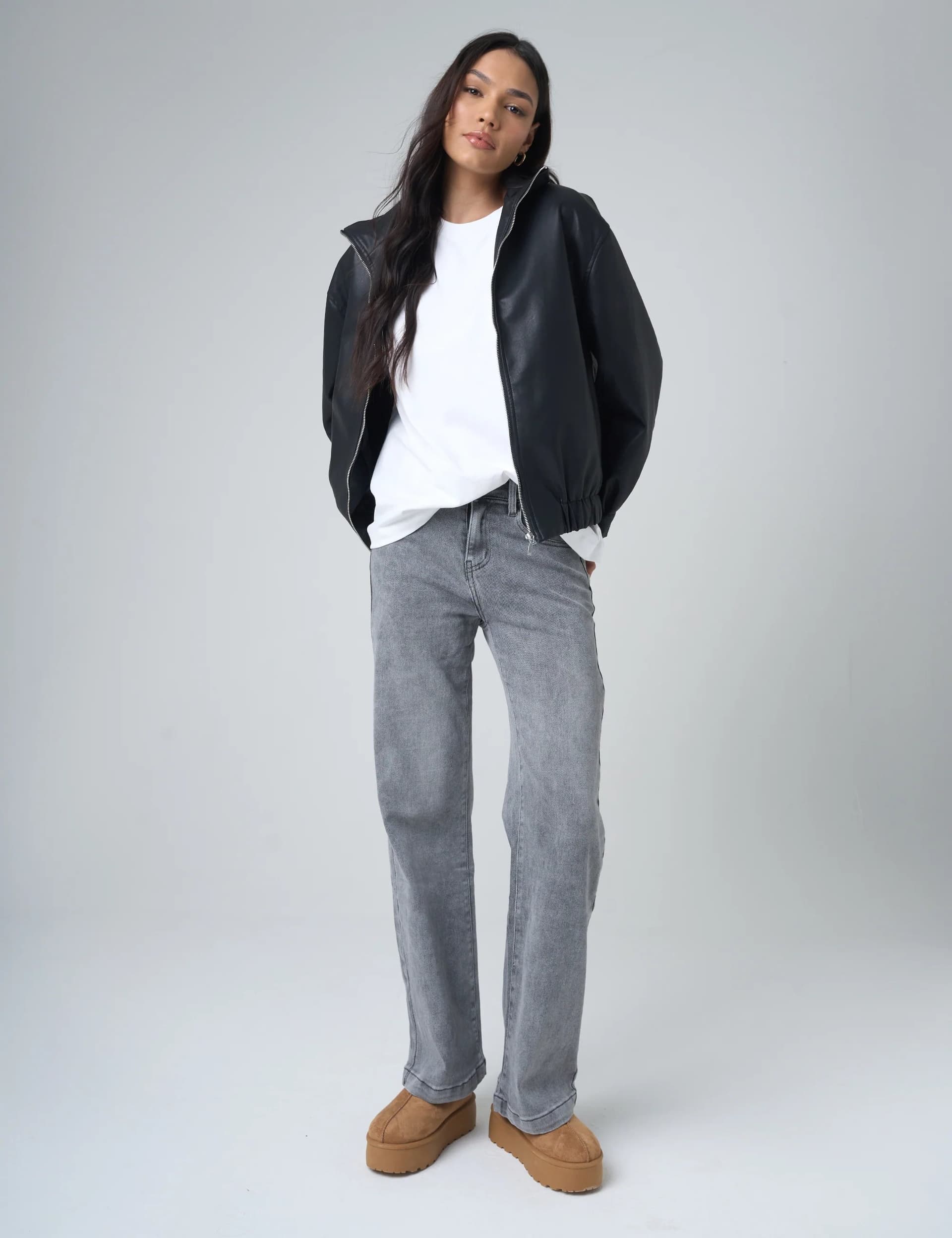Public Desire Faux Leather Oversized Bomber Jacket Black