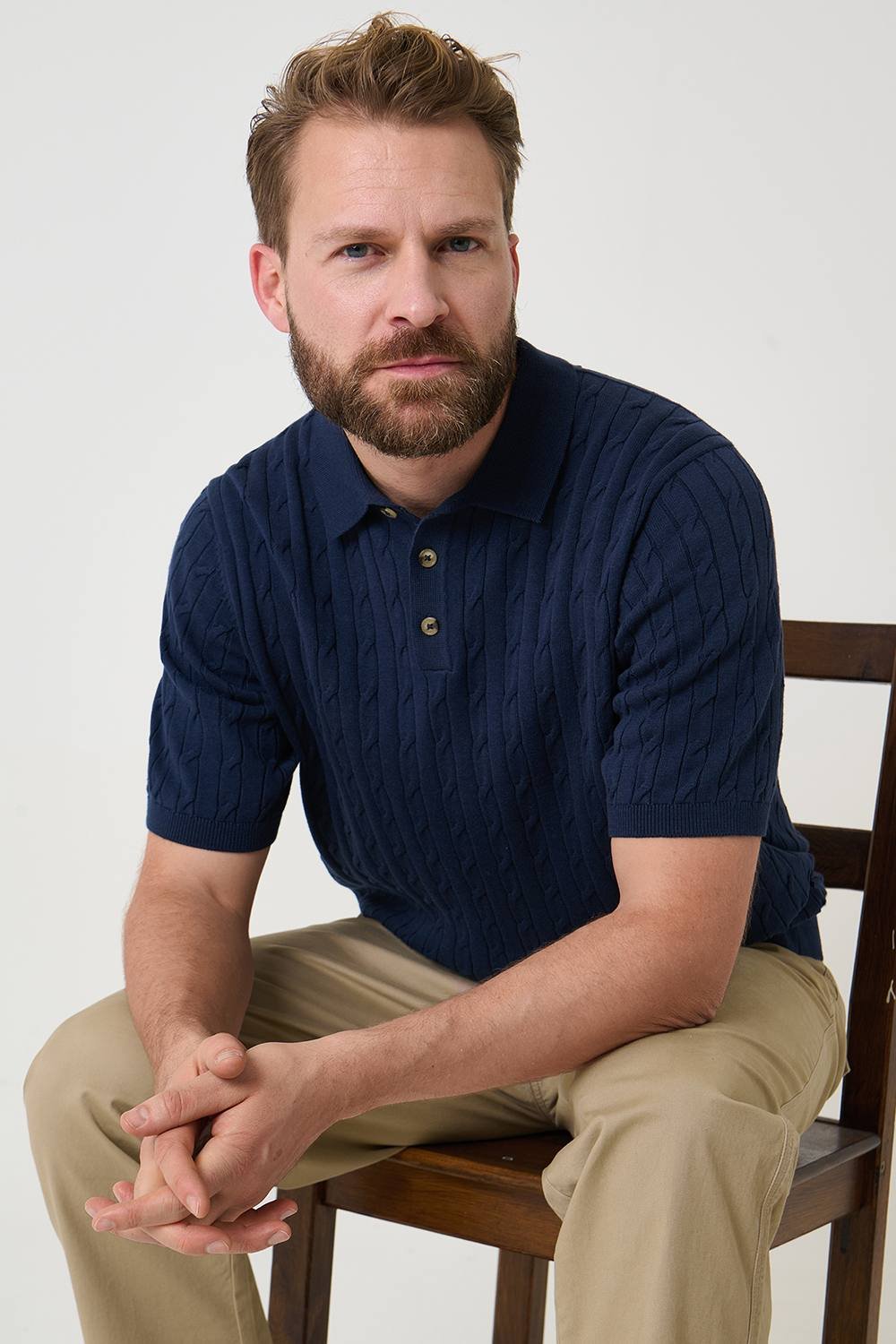 Saltwell Saltwell Men's Cable Knit Short Sleeve Polo Shirt in Navy - 2