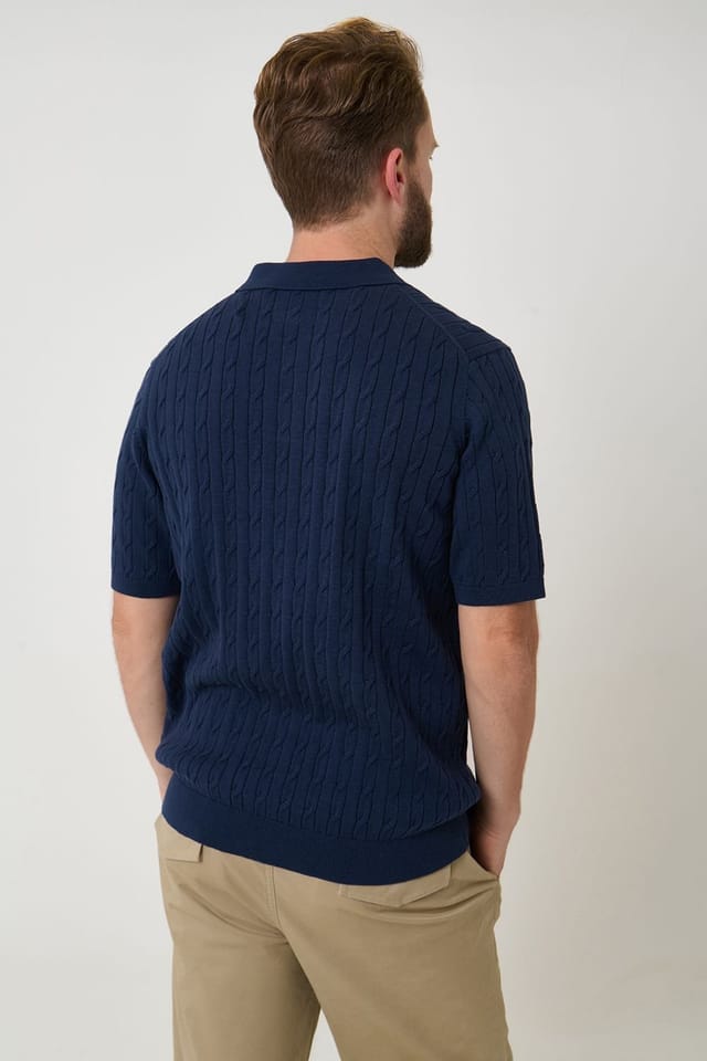 Saltwell Saltwell Men's Cable Knit Short Sleeve Polo Shirt in Navy - 2