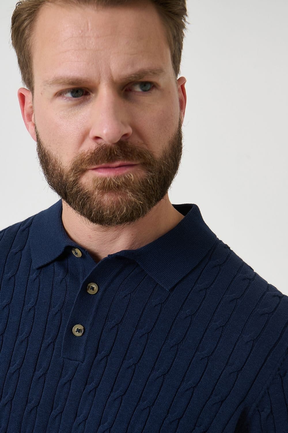 Saltwell Saltwell Men's Cable Knit Short Sleeve Polo Shirt in Navy - 4