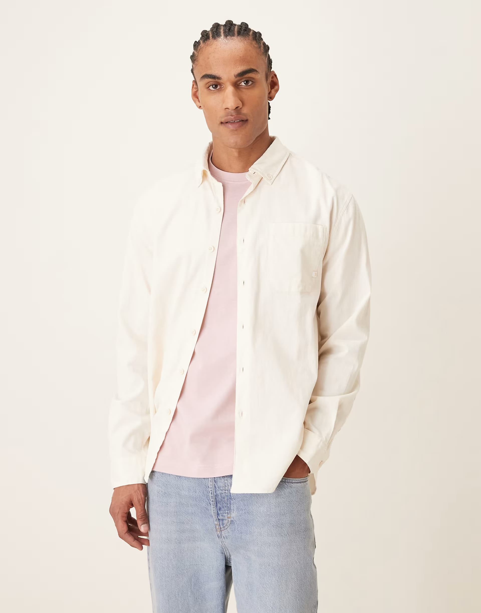 ASOS Farah Netherton long sleeve cord logo shirt in ecru