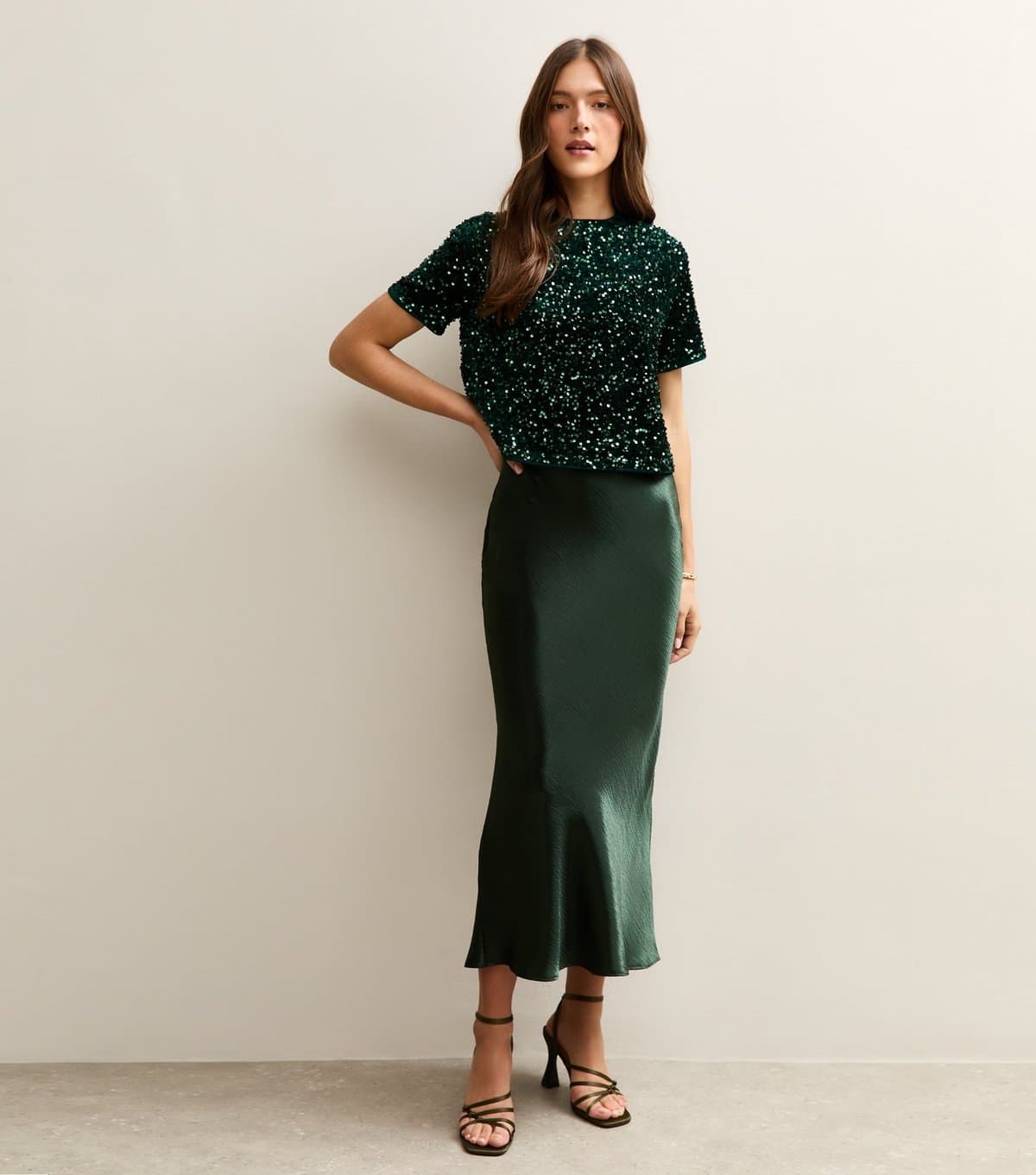 New Look New Look Dark Green Satin Midi Skirt