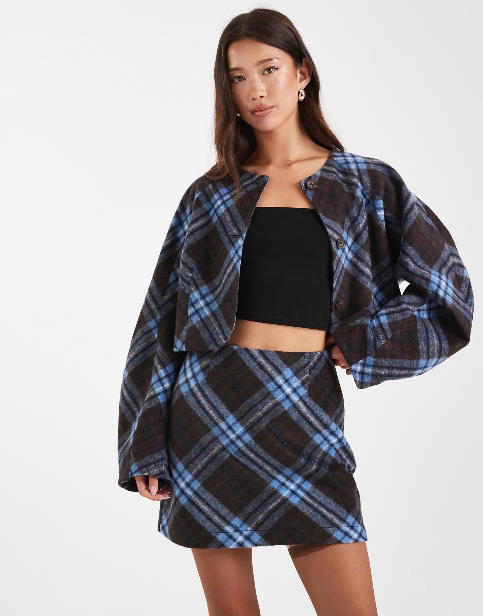 ASOS ASOS DESIGN cropped cocoon sleeve blazer co-ord in brushed brown & blue check