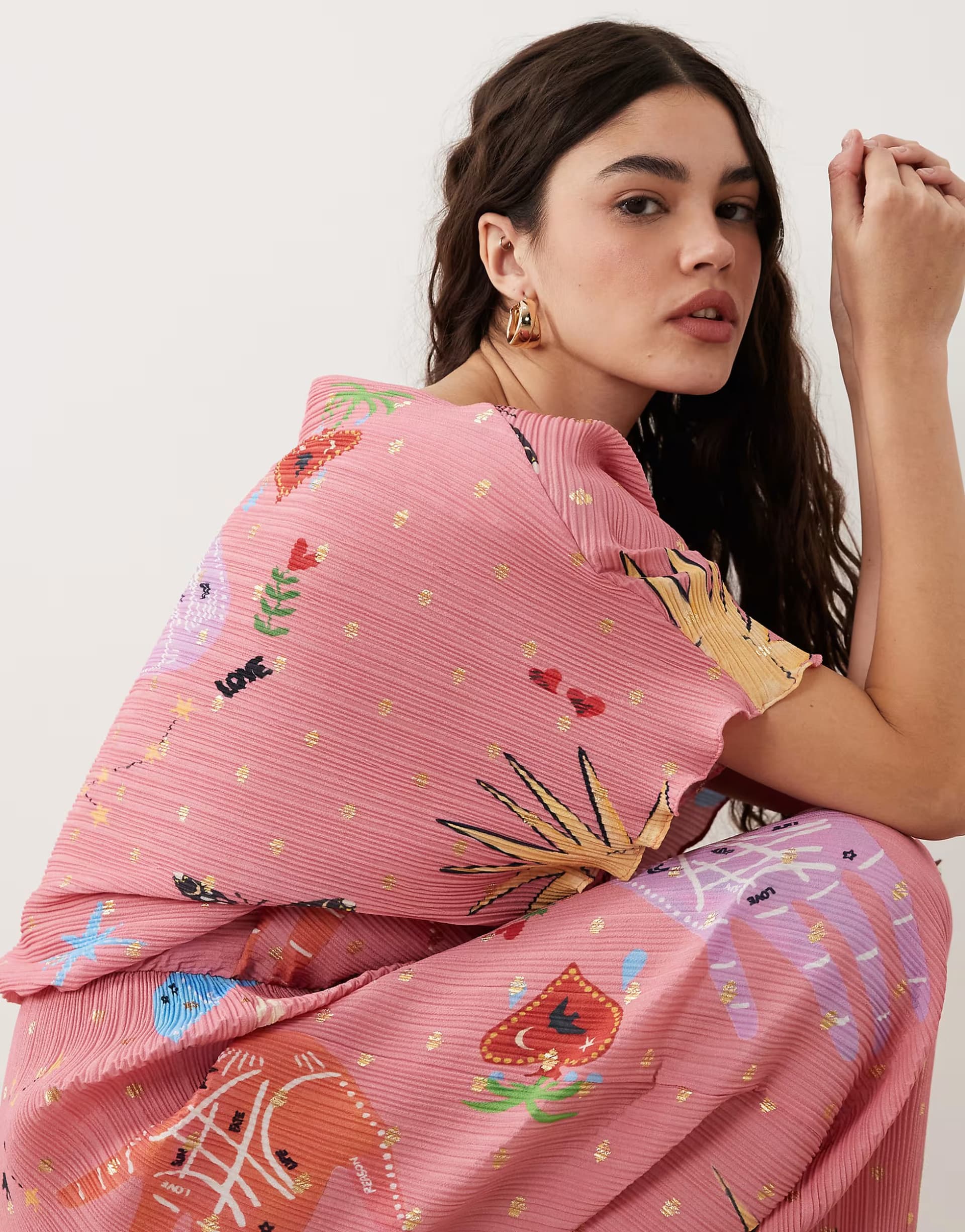 ASOS Never Fully Dressed Tilly off shoulder plisse maxi dress in pink celestial print
