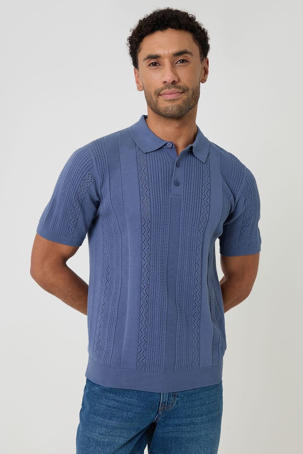 Threadbare Threadbare Men's Cotton Textured Stripe Knitted Polo in Blue