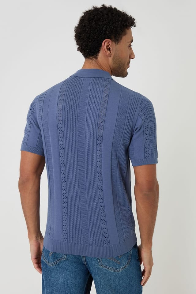 Threadbare Threadbare Men's Cotton Textured Stripe Knitted Polo in Blue - 2