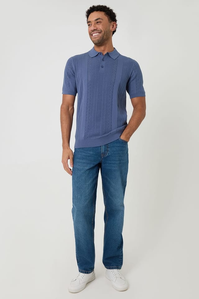 Threadbare Threadbare Men's Cotton Textured Stripe Knitted Polo in Blue - 3