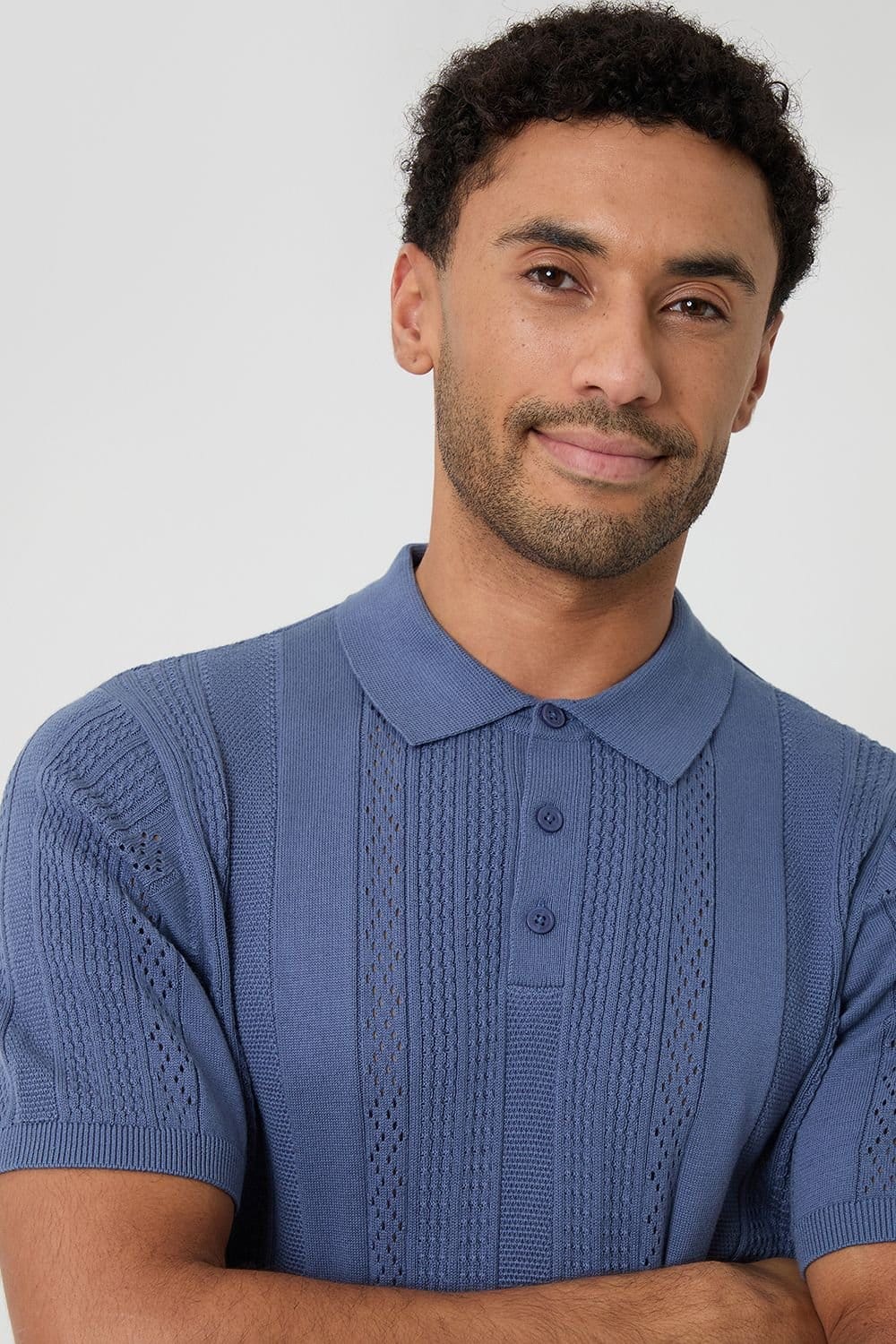 Threadbare Threadbare Men's Cotton Textured Stripe Knitted Polo in Blue - 4