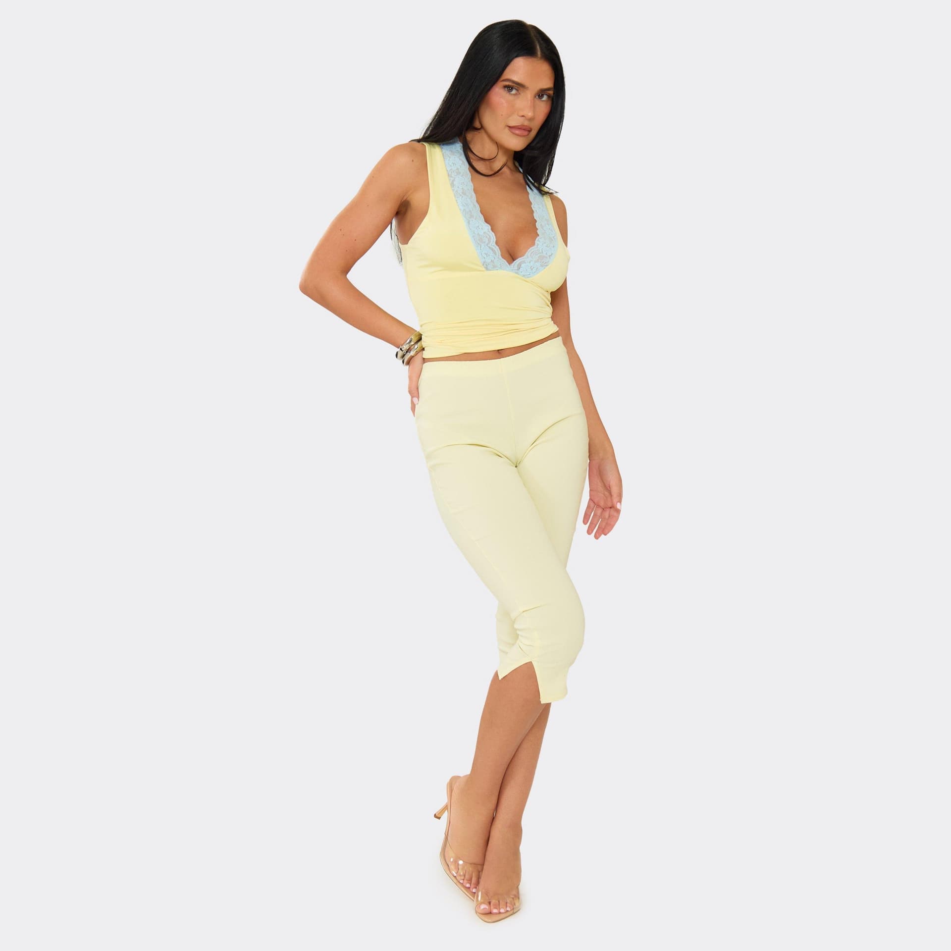 EGO Low Rise Split Hem Capri Trousers In Lemon, Women's Size UK 6