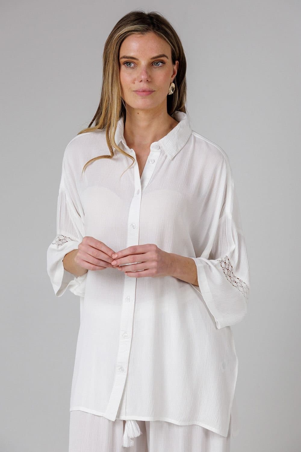 French Connection French Connection White Crinkle Trim Oversized Shirt