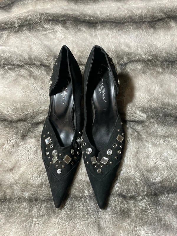 New Look New Look black suede pointy large Diamonte and silver stud embellished high heels