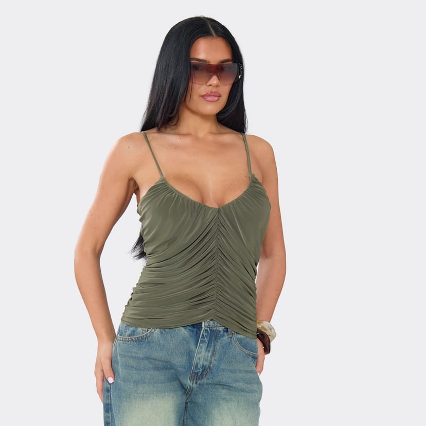 EGO Strappy Plunge Ruched Cami Top In Khaki Green, Women's Size UK 6 - 1