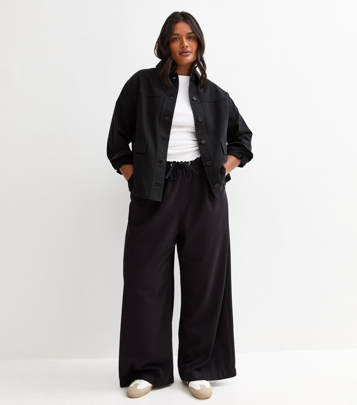 New Look Women's Plus Size Black Cotton Twill Wide Leg Trousers Curves New Look