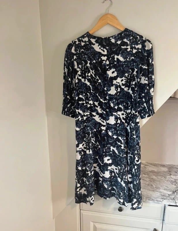 Next Next Navy Blue White Viscose Abstract Print Summer Holiday Midi Zip Dress Size 12