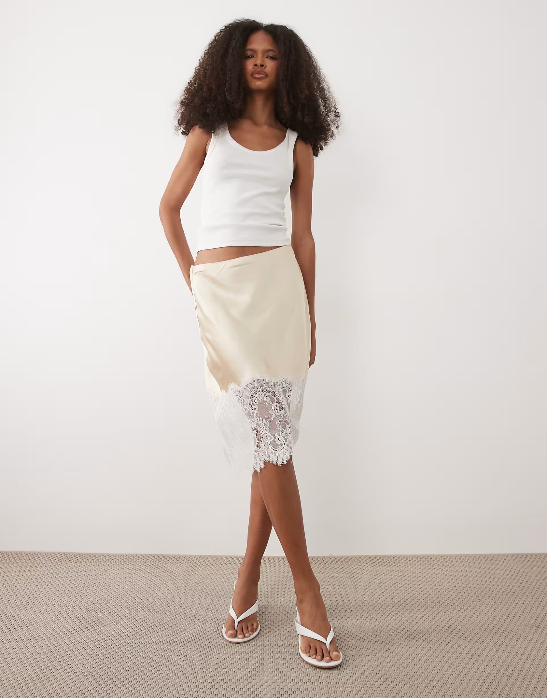 ASOS Mango satin and lace knee length skirt in beige
