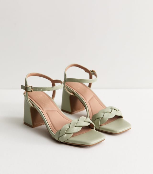 New Look Women's Light Green Faux Leather Braided Block Heel Sandals Vegan New Look - 3