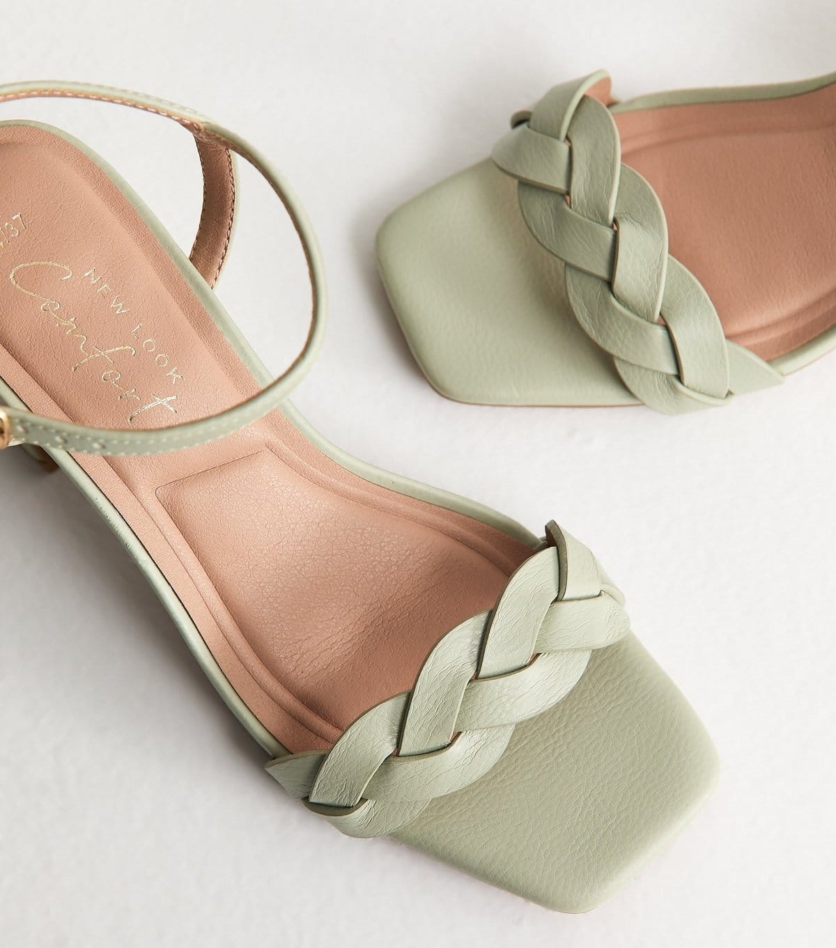 New Look Women's Light Green Faux Leather Braided Block Heel Sandals Vegan New Look - 4