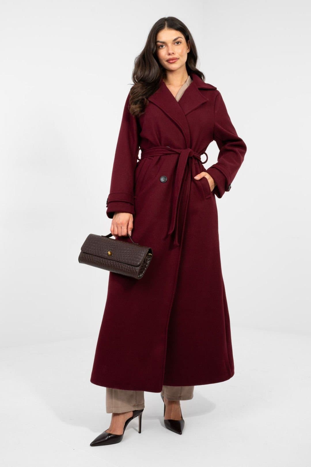 Love Lace Love Lace Women's Elegant Long Double Breasted Trench Coat in Burgundy