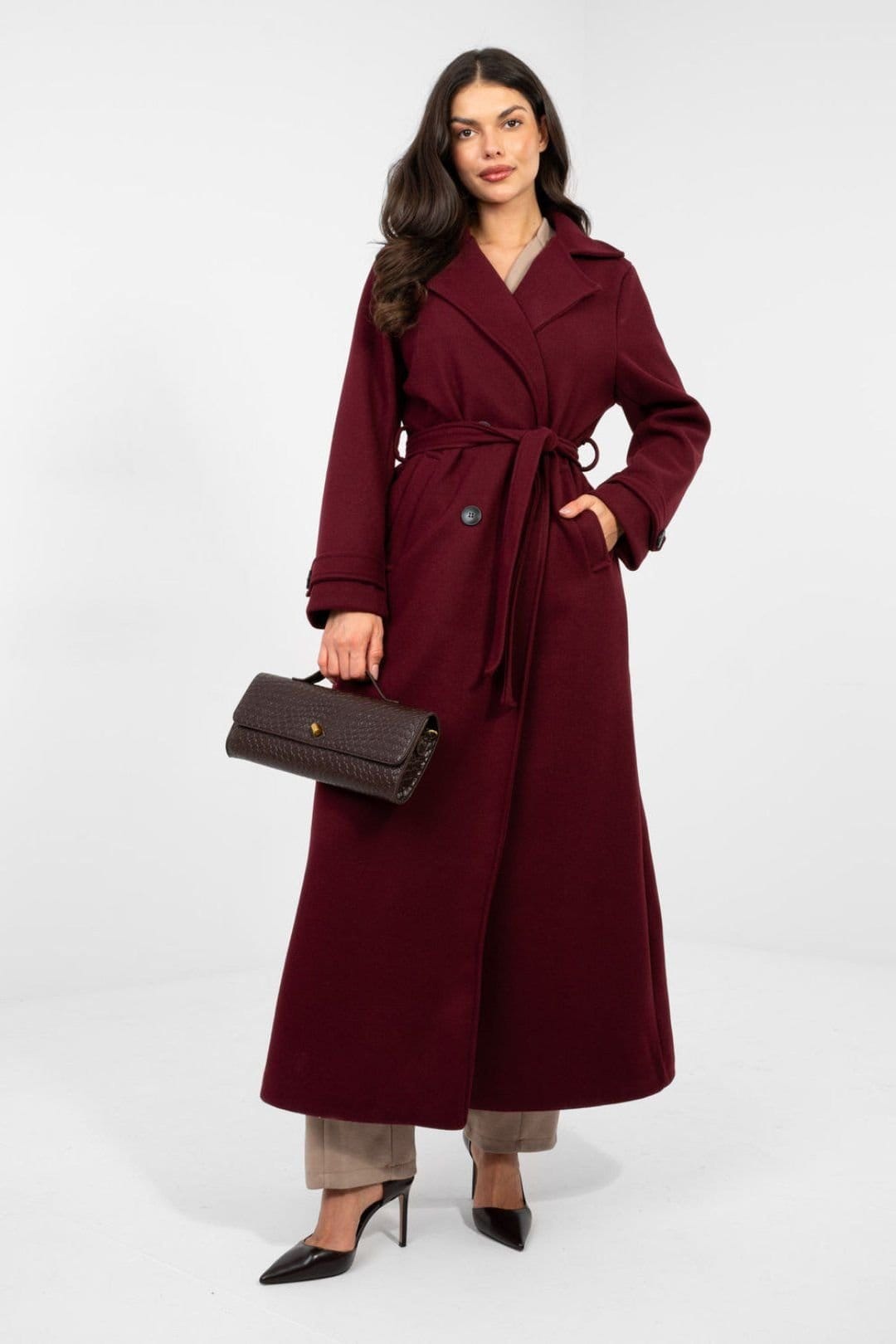 Love Lace Burgundy Long Double Breasted Trench Coat