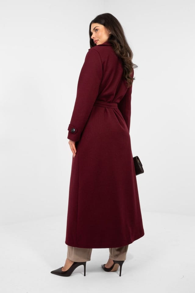 Love Lace Love Lace Women's Elegant Long Double Breasted Trench Coat in Burgundy - 3