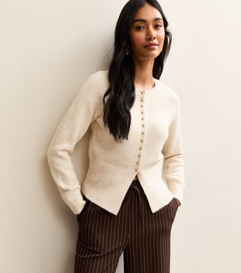 New Look Women's Cream Dome Button Crew Neck Cardigan New Look - 1