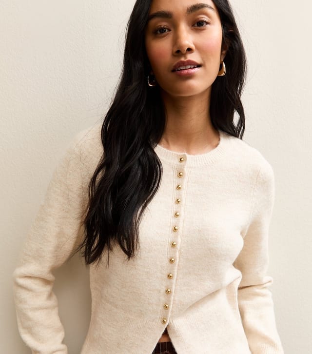 New Look Women's Cream Dome Button Crew Neck Cardigan New Look - 2