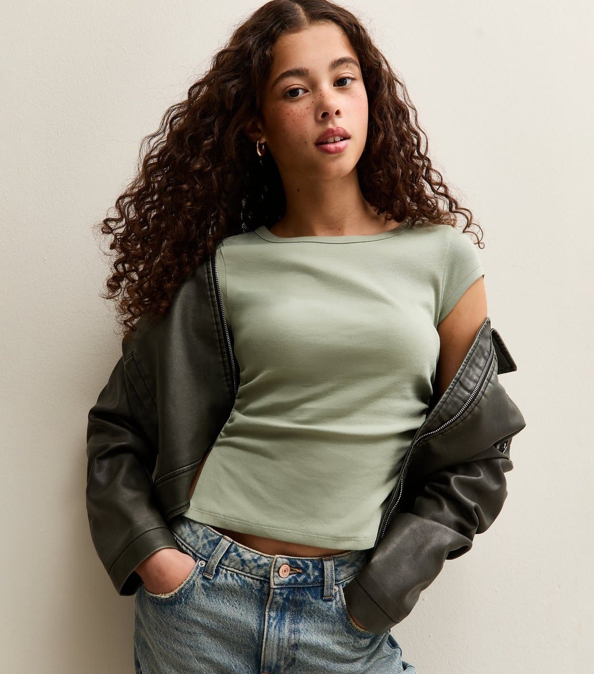 New Look Girls' Khaki Split Side Ruched Cap Sleeve Top New Look