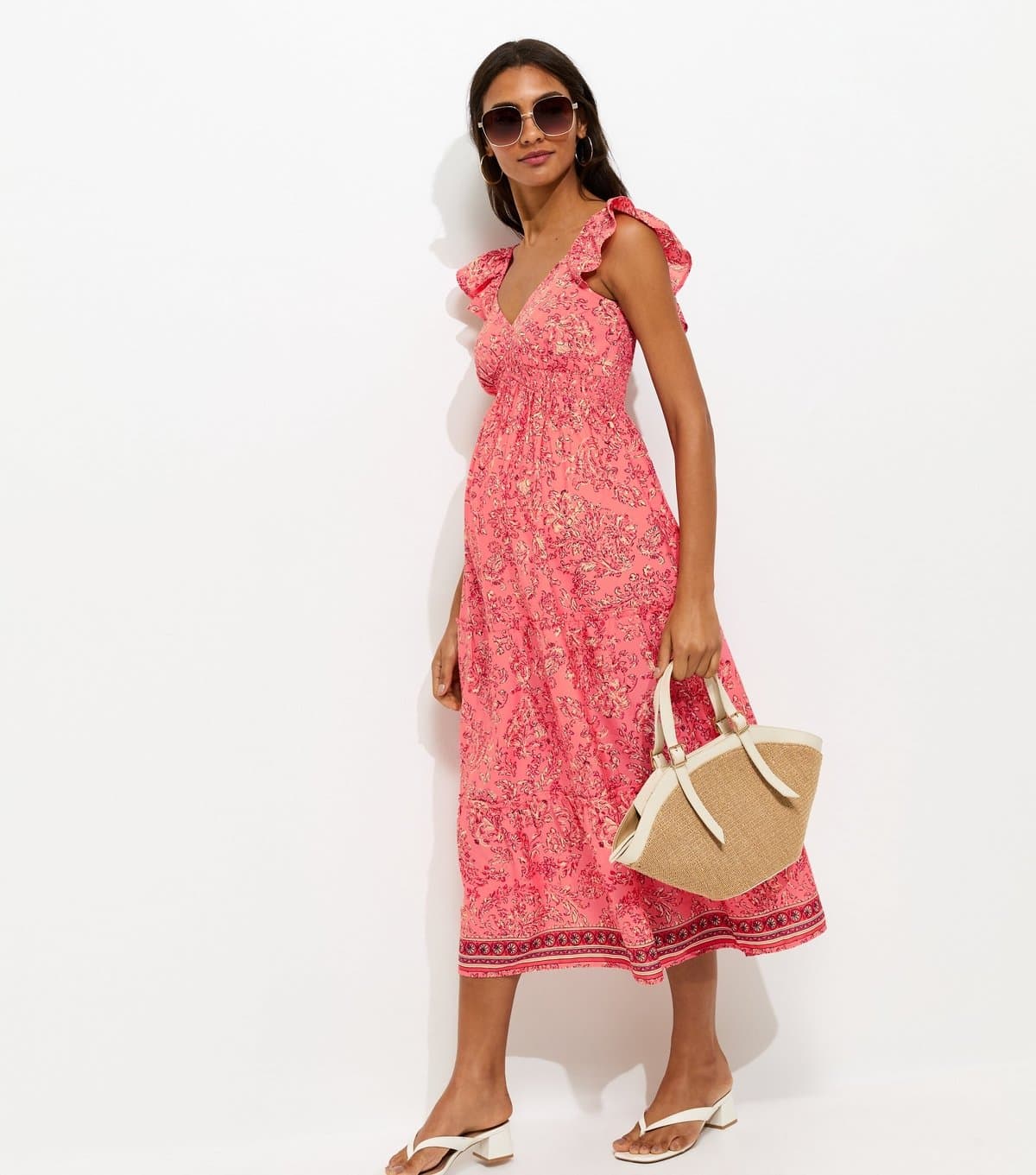 New Look Women's Maternity Pink Floral Ruffled Strap Midi Dress New Look