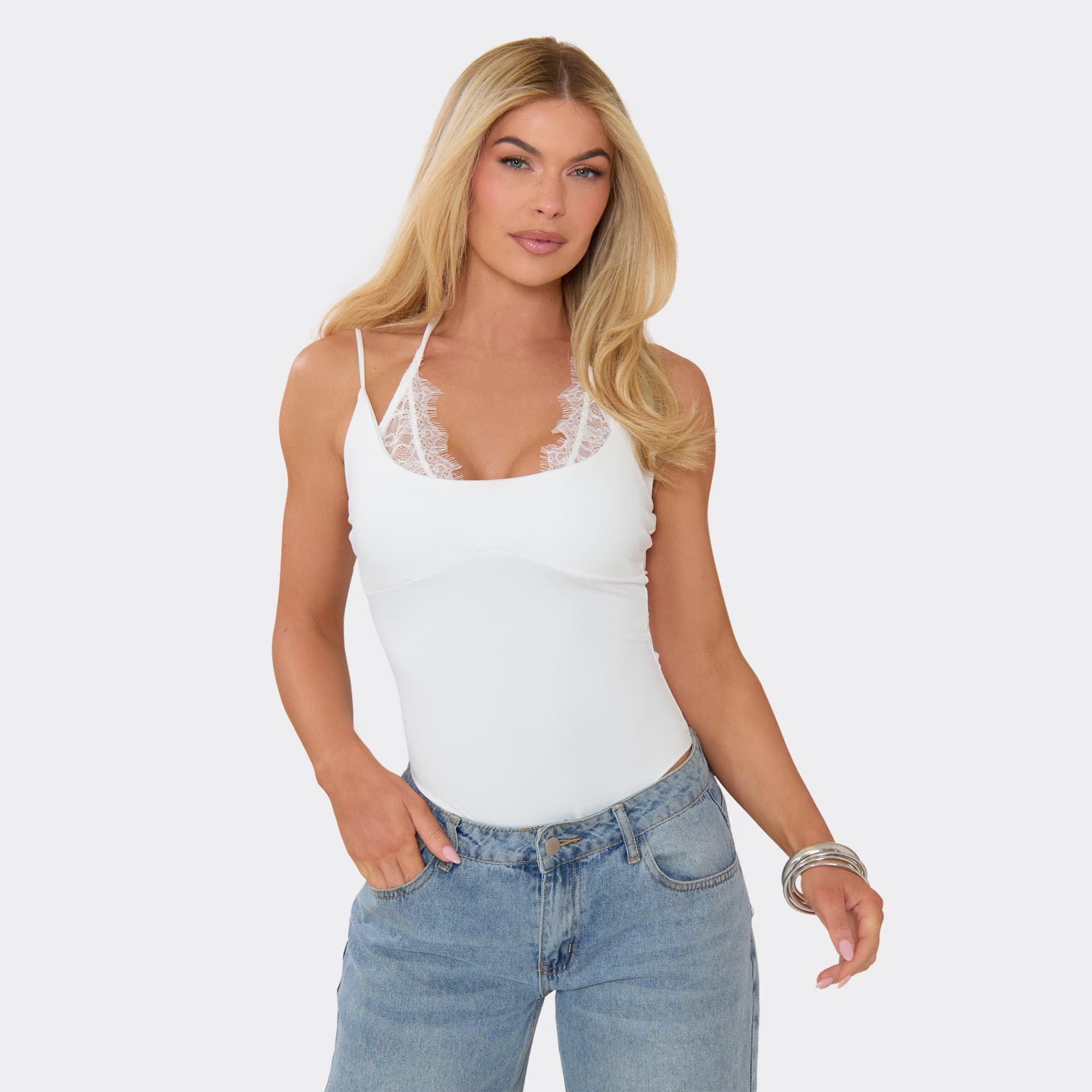 EGO Square Neck Strappy Lace Trim Bodysuit In White, Women's Size UK L
