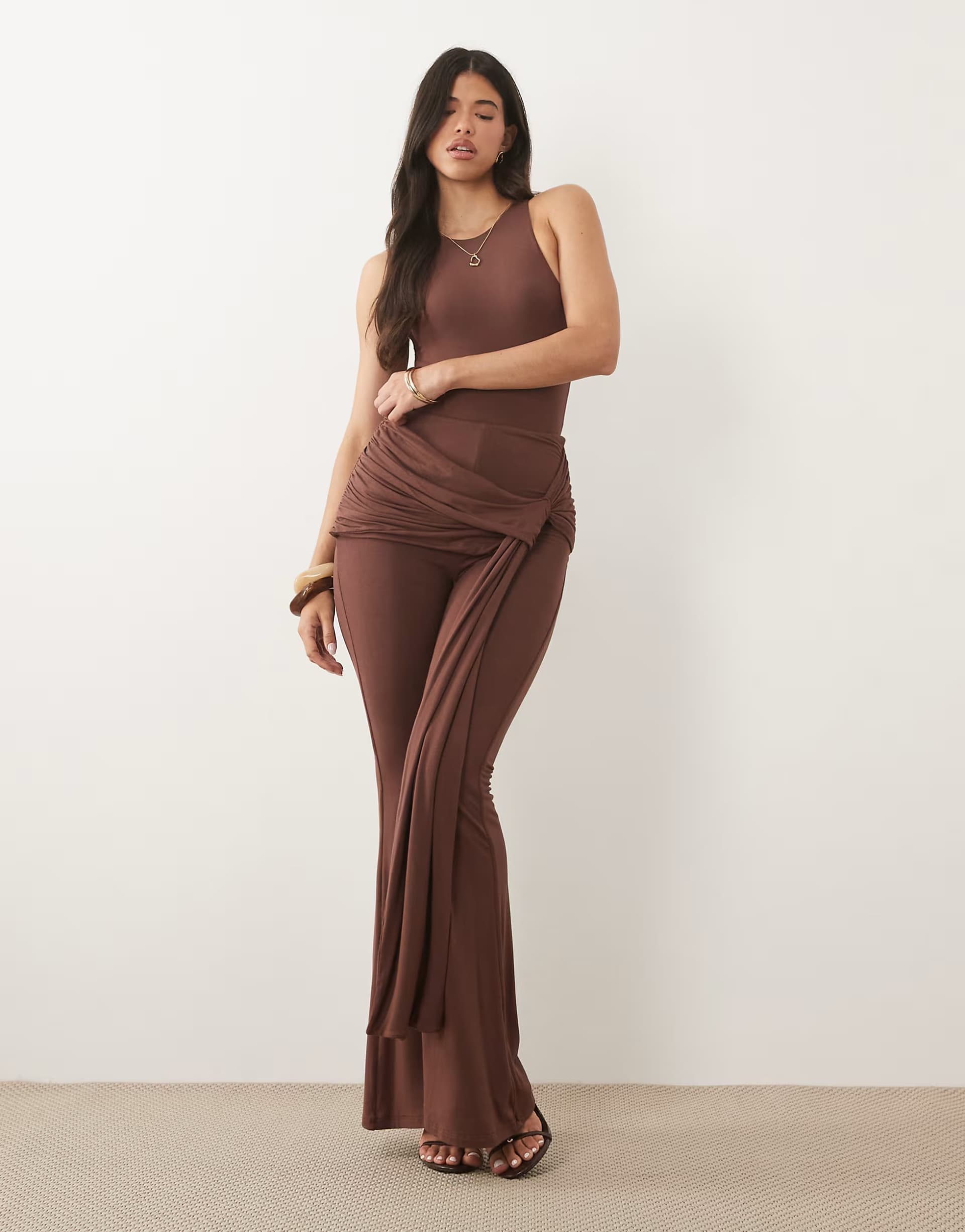 ASOS Wanderdoll Bella sculpting second skin knot side drape detail wide leg trouser co-ord in chocolate